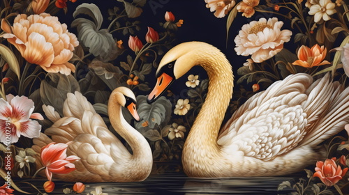 Fototapeta Naklejka Na Ścianę i Meble -  design with two swans and flowers, ornate decorative wallpaper made with generative ai