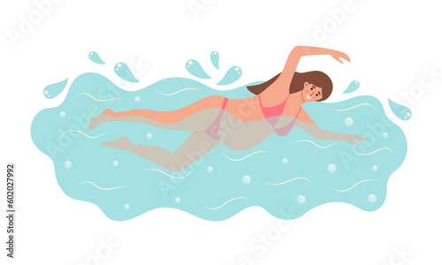 Pregnant woman in bikini swimming in a pool. Aqua fitness and aerobic. Healthy lifestyle. Active pregnancy and motherhood.