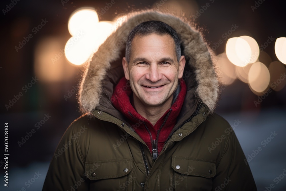 Portrait of a smiling man in winter jacket on the street. Portrait of a smiling man in winter jacket on the street.