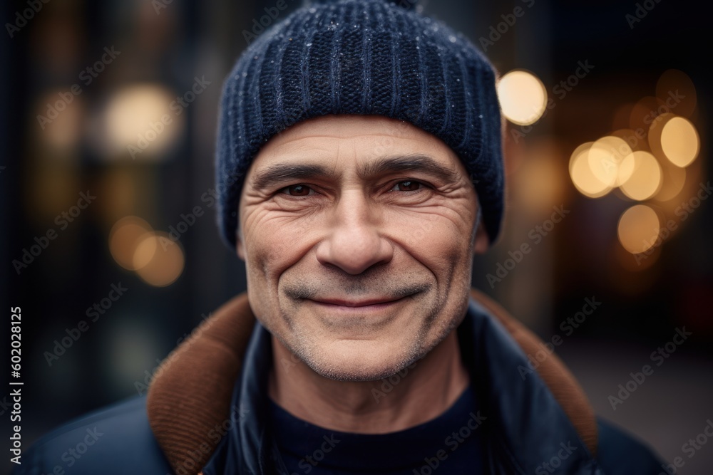 Portrait of a smiling middle-aged man in a knitted hat Portrait of a smiling middle-aged man in a knitted hat
