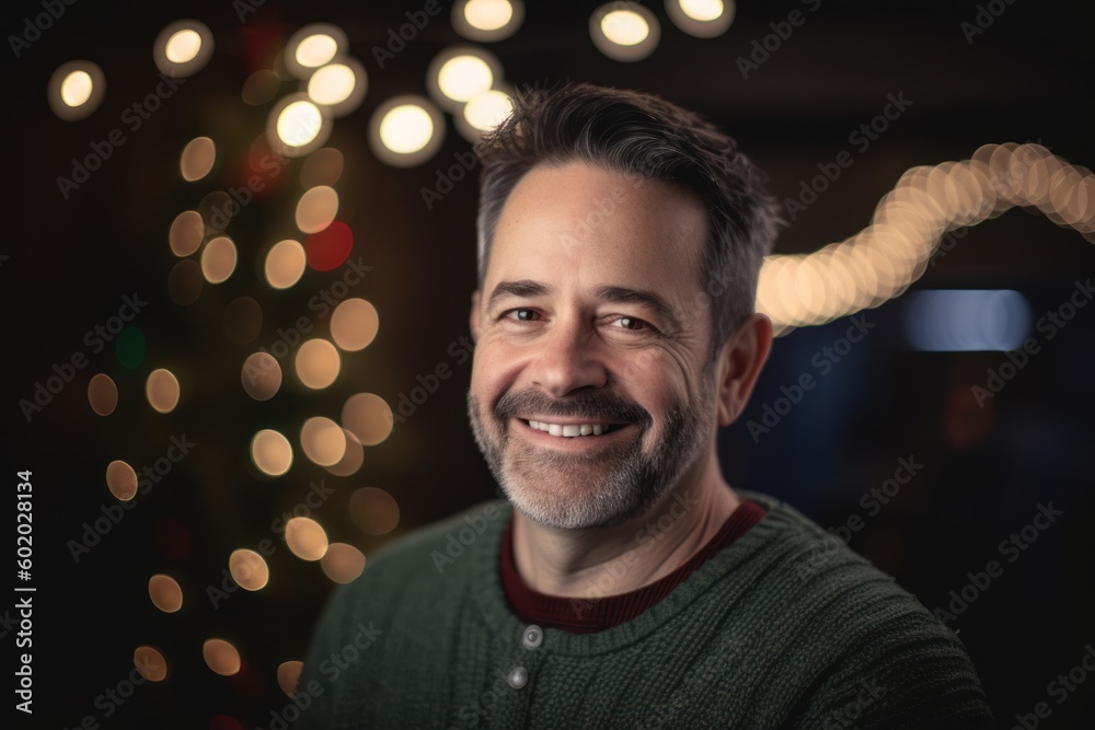 Portrait of a handsome man smiling in front of christmas lights Portrait of a handsome man smiling in front of christmas lights