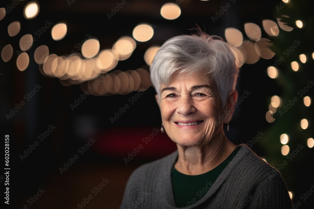 Portrait of a smiling senior woman with Christmas lights in the background