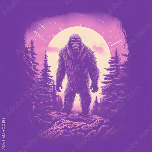 bigfoot in trees design on purple background  illustration made with generative ai