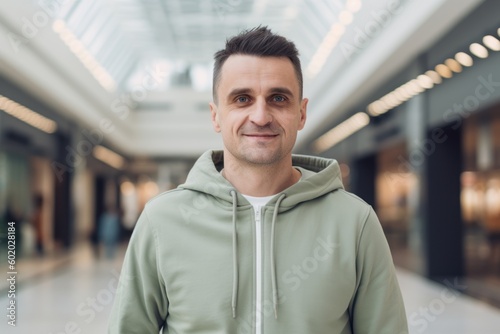 Portrait of a handsome man in a green hoodie in the shopping center