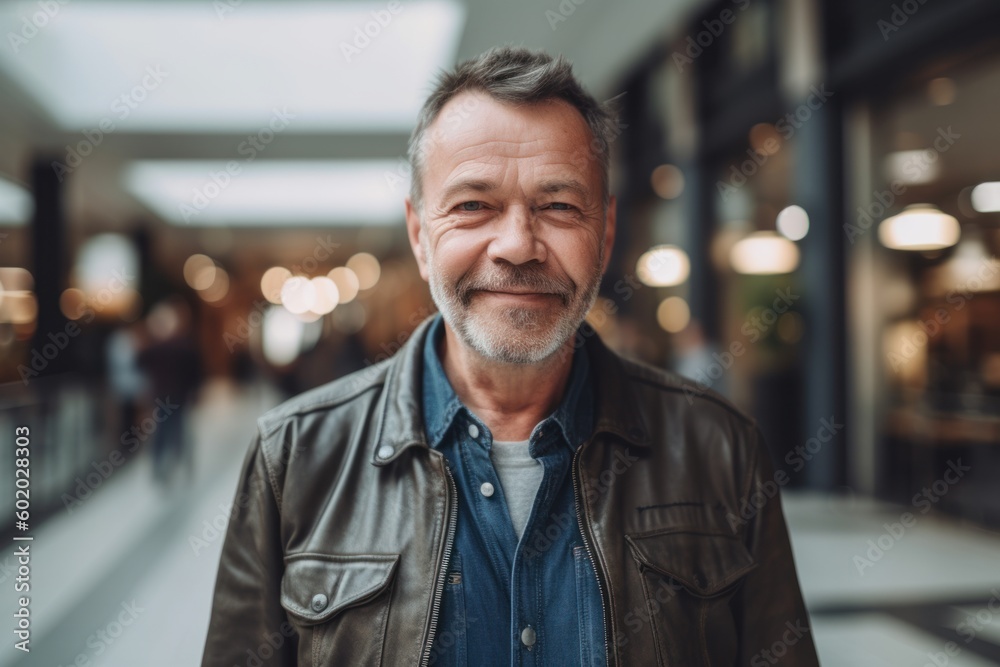 Portrait of a handsome mature man in a leather jacket standing in a shopping center Portrait of a handsome mature man in a leather jacket standing in a shopping center