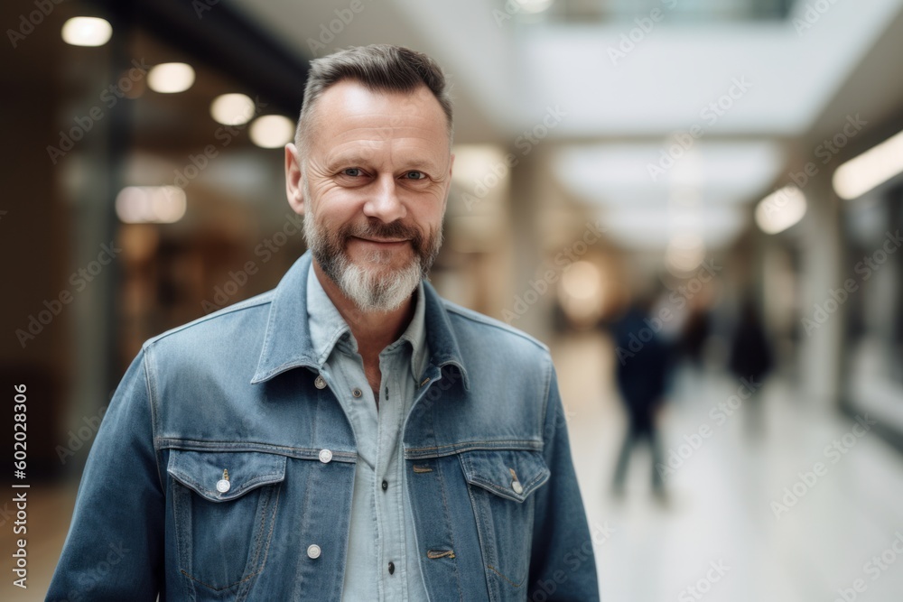 Portrait of a smiling mature man standing in a corridor of a shopping center Portrait of a smiling mature man standing in a corridor of a shopping center