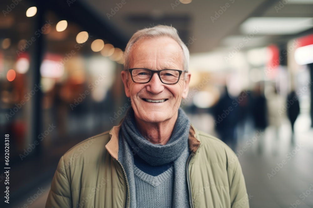 Portrait of smiling senior man with eyeglasses in shopping mall Portrait of smiling senior man with eyeglasses in shopping mall