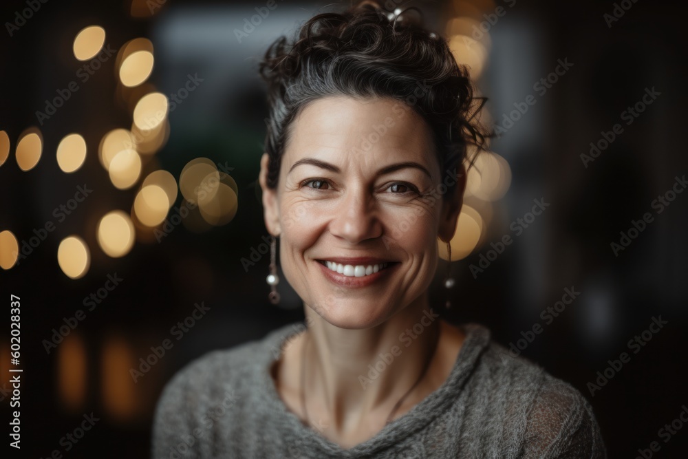 Portrait of a beautiful middle-aged woman smiling at the camera.
