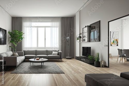 Domestic and cozy interior of living room with sofa  plants  coffee table  poster frame  side table  plant and elegant decoration wall. Home decor. Generative AI.