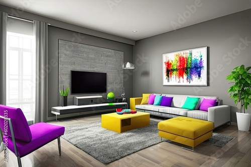 Domestic and cozy bright colored interior of living room with sofa  plants  coffee table  poster frame  side table  plant and elegant decoration wall. Home decor. Generative AI.
