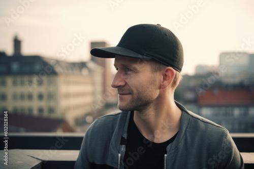 young handsome hipster man in cap and t-shirt outdoors on city background © Robert MEYNER