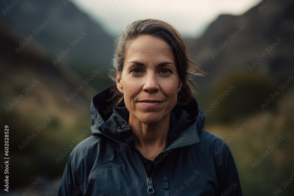 Portrait of a mature woman with a beautiful smile in the mountains Portrait of a mature woman with a beautiful smile in the mountains