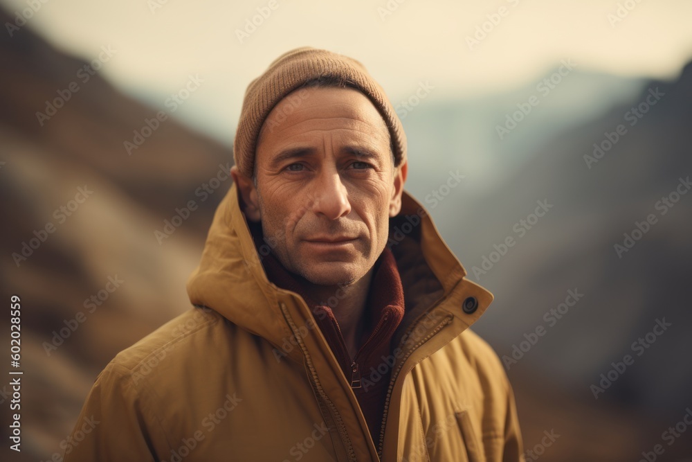 Portrait of a handsome man in a yellow jacket and hat on the background of mountains Portrait of a handsome man in a yellow jacket and hat on the background of mountains