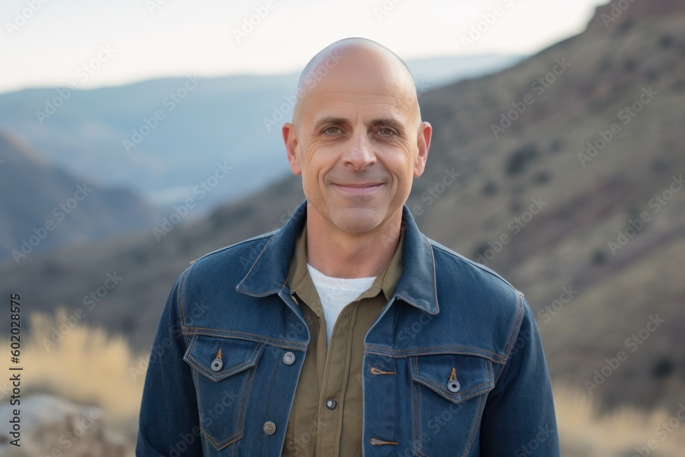 Handsome bald man with blue jeans jacket in the desert.