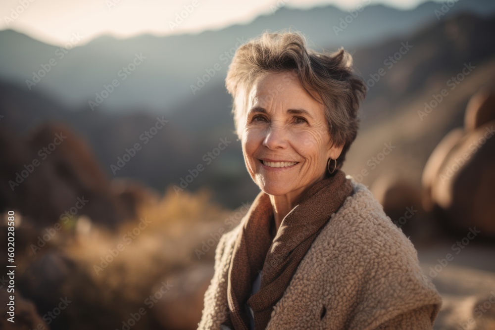 Portrait of smiling senior woman standing in the middle of the desert Portrait of smiling senior woman standing in the middle of the desert
