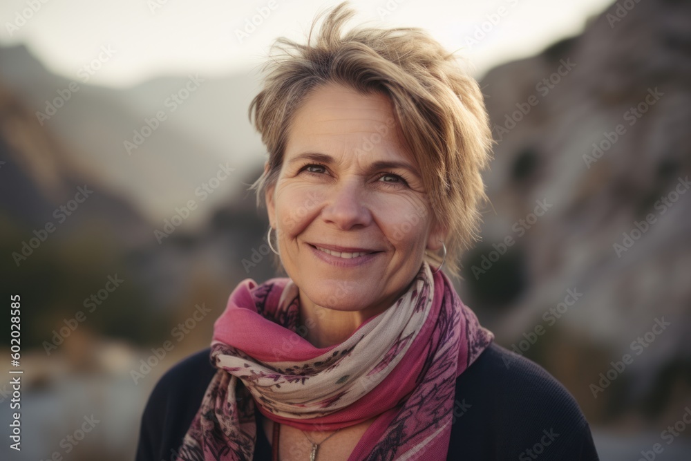 Portrait of a happy senior woman with a scarf in the mountains Portrait of a happy senior woman with a scarf in the mountains