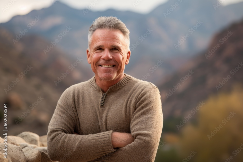 Portrait of a happy senior man smiling with arms crossed in the mountains Portrait of a happy senior man smiling with arms crossed in the mountains