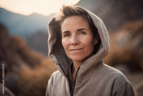 Portrait of senior woman with hooded sweatshirt in the mountains