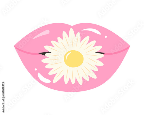 Cute pink pastel lips with chamomile flower between teeth. Female glossy open lips with daisy. Vintage trendy y2k patch