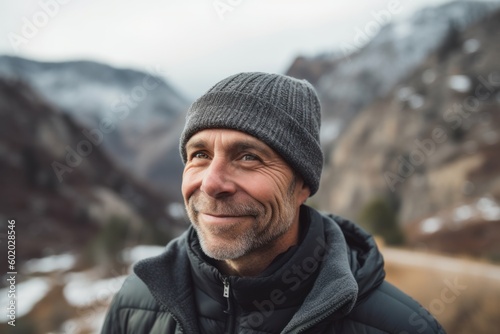 Portrait of a handsome senior man with hat and scarf in the mountains.