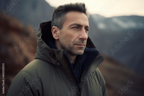 Portrait of a man with a beard in a jacket on the background of mountains