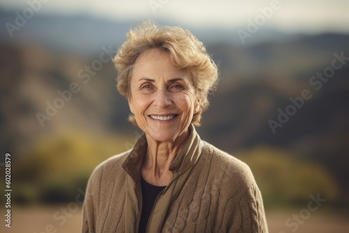 Portrait of smiling senior woman outdoors in autumn, looking at camera