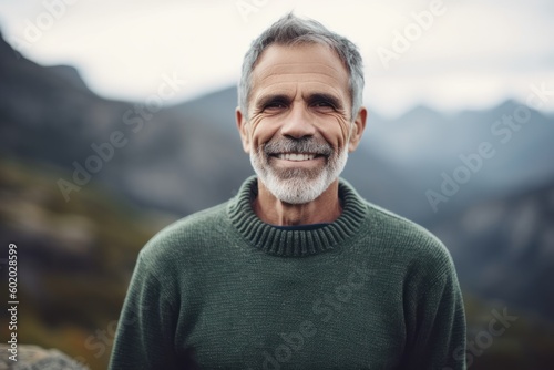 Portrait of happy senior man looking at camera while standing in mountains