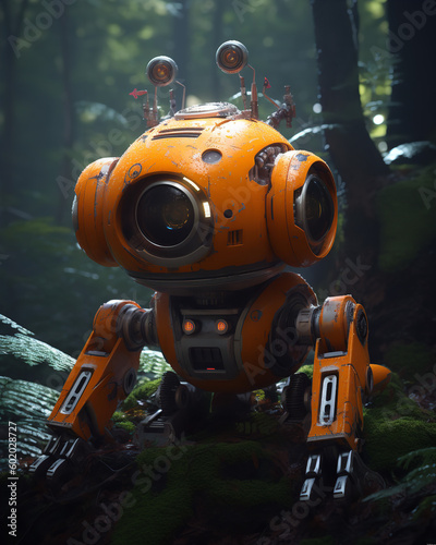 small orange robot in the middle of a forest Generative AI © Ralf