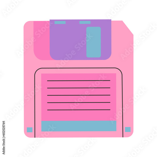 Retro diskette. Floppy-disk icon. Nostalgia for 90s, 2000s. Vintage technology with data information