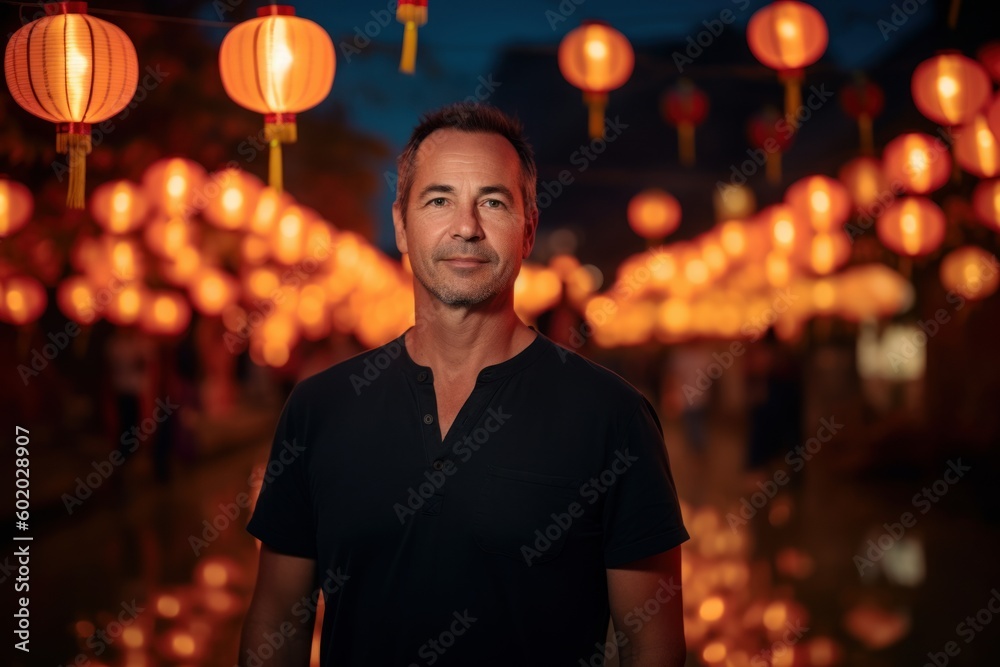 Portrait of a handsome man in a black t-shirt standing among the lanterns during the lunar new year Portrait of a handsome man in a black t-shirt standing among the lanterns during the lunar new year