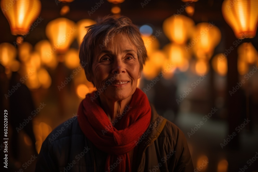Portrait of an elderly woman in the street at chinese lanterns