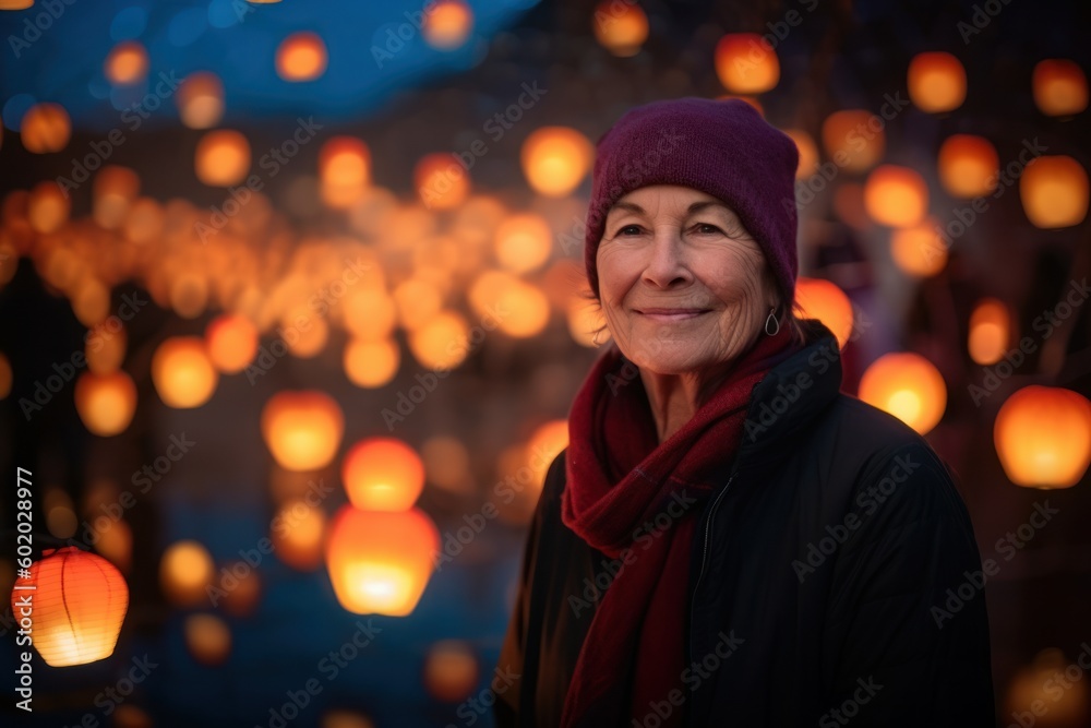 Portrait of a smiling senior woman with lanterns in the background Portrait of a smiling senior woman with lanterns in the background