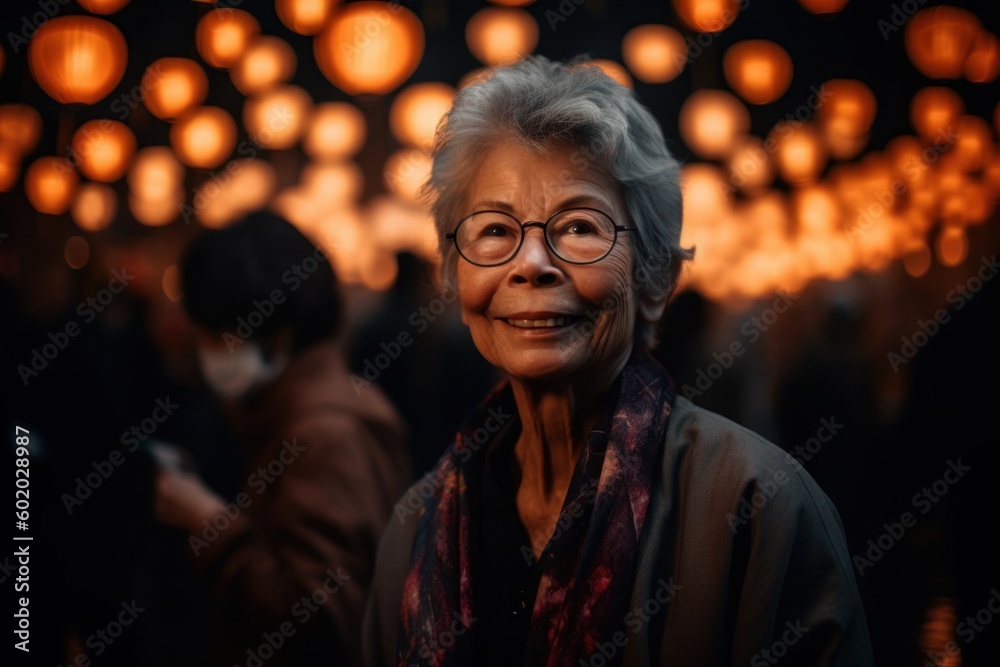 Asian senior woman wearing face mask and looking at camera in chinese lantern festival