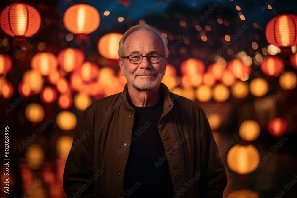 Portrait of a senior man at night in the city with lanterns Portrait of a senior man at night in the city with lanterns