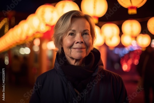 Pet portrait photography of a pleased woman in her 50s wearing a versatile overcoat against a floating lanterns or light festival background. Generative AI