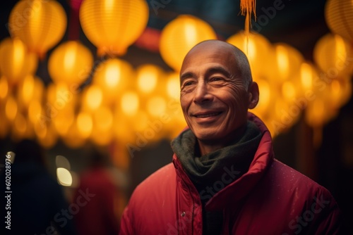 Asian man with traditional chinese lanterns in the street at night