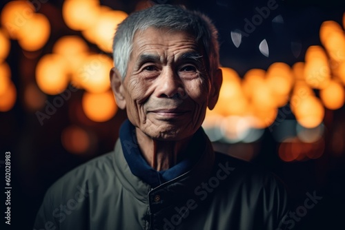 Portrait of an elderly asian man in the city at night