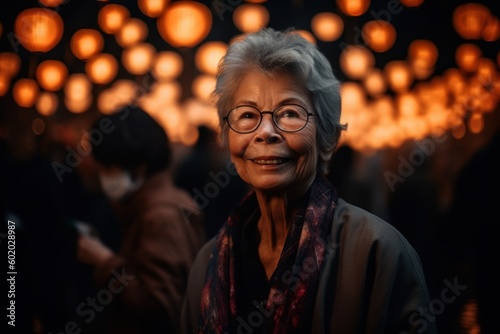 Asian senior woman wearing face mask and looking at camera in chinese lantern festival