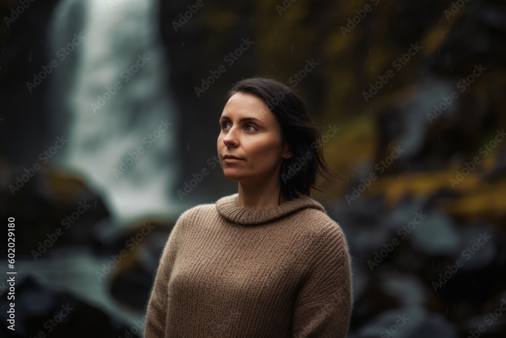 Portrait of a beautiful woman in a knitted sweater on the background of a waterfall Portrait of a beautiful woman in a knitted sweater on the background of a waterfall