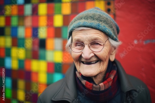 Portrait of an elderly woman in a cap and coat on the background of the colorful wall