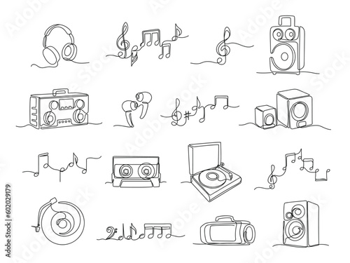 Continuous one line music illustrations. Linear headphones, audio speakers and scribble hand drawn notes vector set