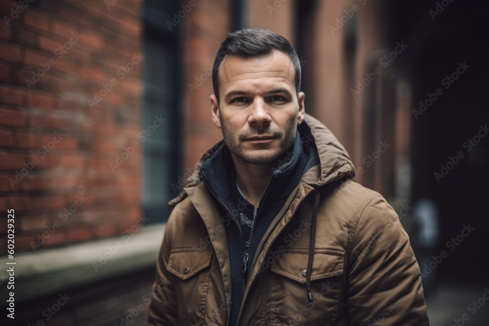 Portrait of a handsome young man in a coat in the city