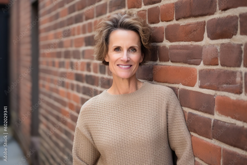 Portrait of smiling mature woman standing in front of brick wall in city Portrait of smiling mature woman standing in front of brick wall in city