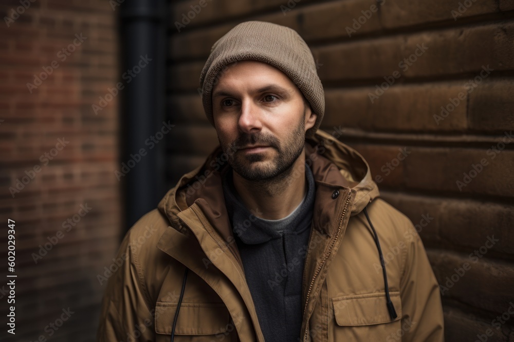 Portrait of a handsome young man in a beige coat and a gray hat on a brick wall background Portrait of a handsome young man in a beige coat and a gray hat on a brick wall background