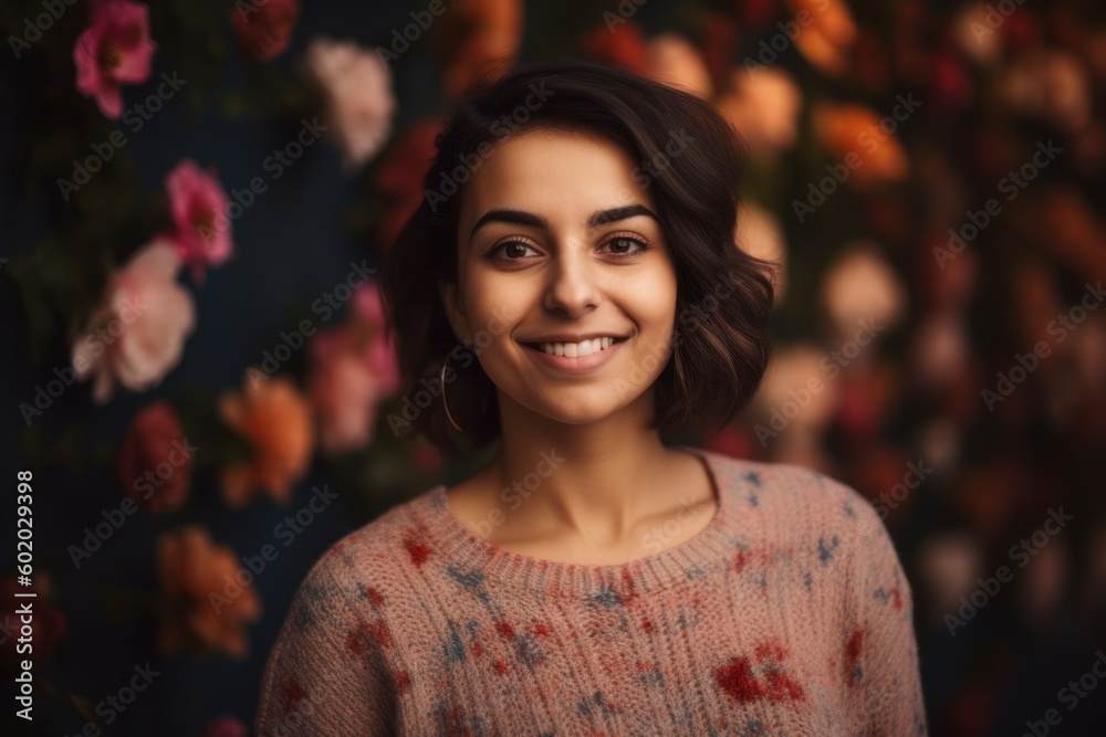 Portrait of a beautiful young woman in a sweater on a floral background Portrait of a beautiful young woman in a sweater on a floral background