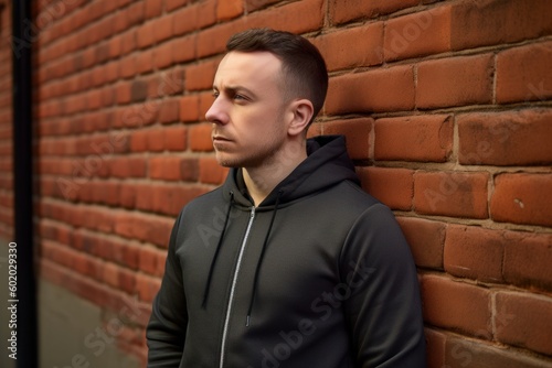 Young man in sportswear leaning against a red brick wall.