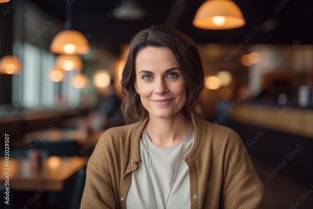 Portrait of beautiful woman smiling at camera while standing in cafe indoors