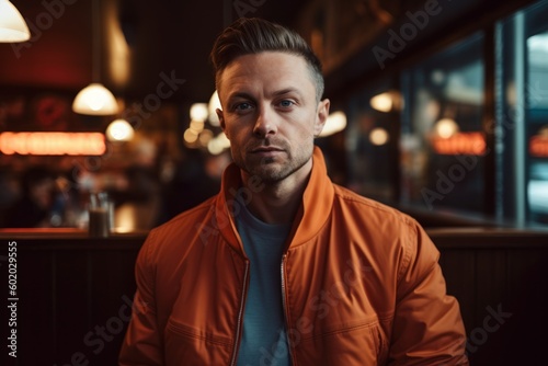 Portrait of handsome young man in orange jacket looking at camera while sitting in cafe