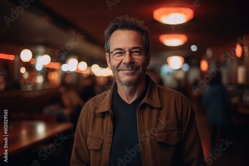 Portrait of handsome middle-aged man in casual clothes smiling and looking at camera while standing in cafe