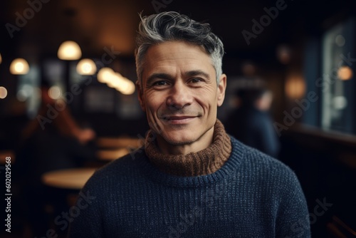 Portrait of handsome man with grey hair smiling at camera in cafe